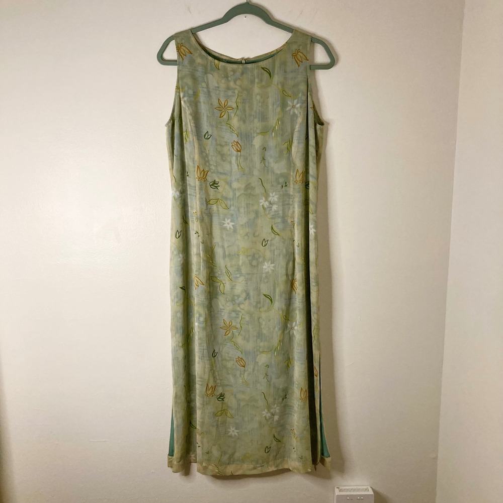 Ballinger Gold Vintage 100% Silk Embroidered Floral Midi Sheath Dress L